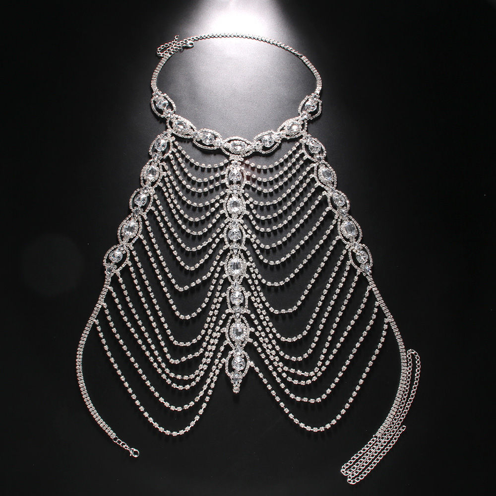 Block Layered Chest Chain Jewellery for Women Rhinestone Luxury Statement Collares Body Accessories Festival Jewelry Belly