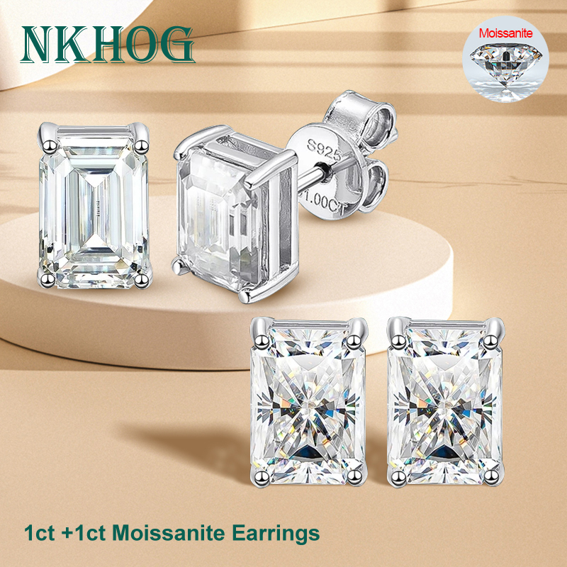 NKHOG 5*7mm Radiant Emerald Cut Moissanite Stud Earrings S925 Silver Plated 18K Gold Women Rectangle Diamond Gifts Jewelry GRA