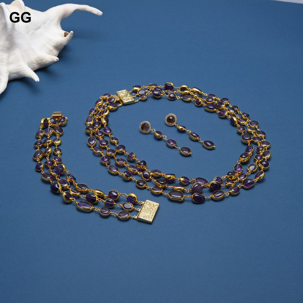 G-G 3 Strands Natural Amethyst Freeform With Electroplated Edge Necklace Earrings Bracelet Sets Handmade For Women