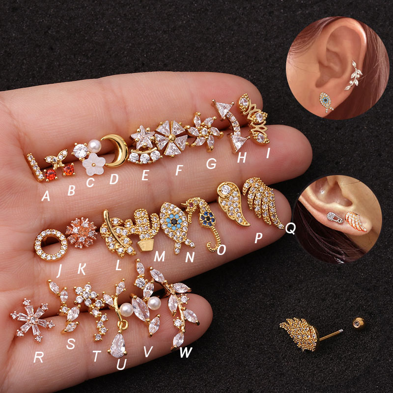 1Pc Surgical Steel Copper Fish Hand Tree CZ ear piercing jewelry steel barbell daith earrings helix cartilage studs Piercing