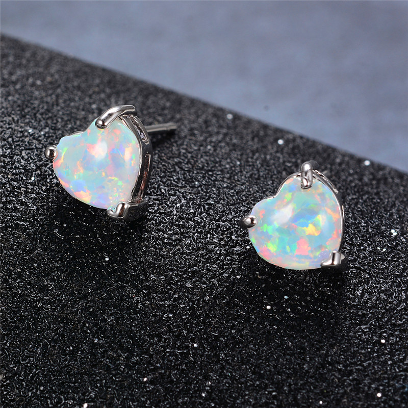 Cute Female White Blue Green Opal Stud Earrings Silver Color Heart Wedding Boho Small Double For Women