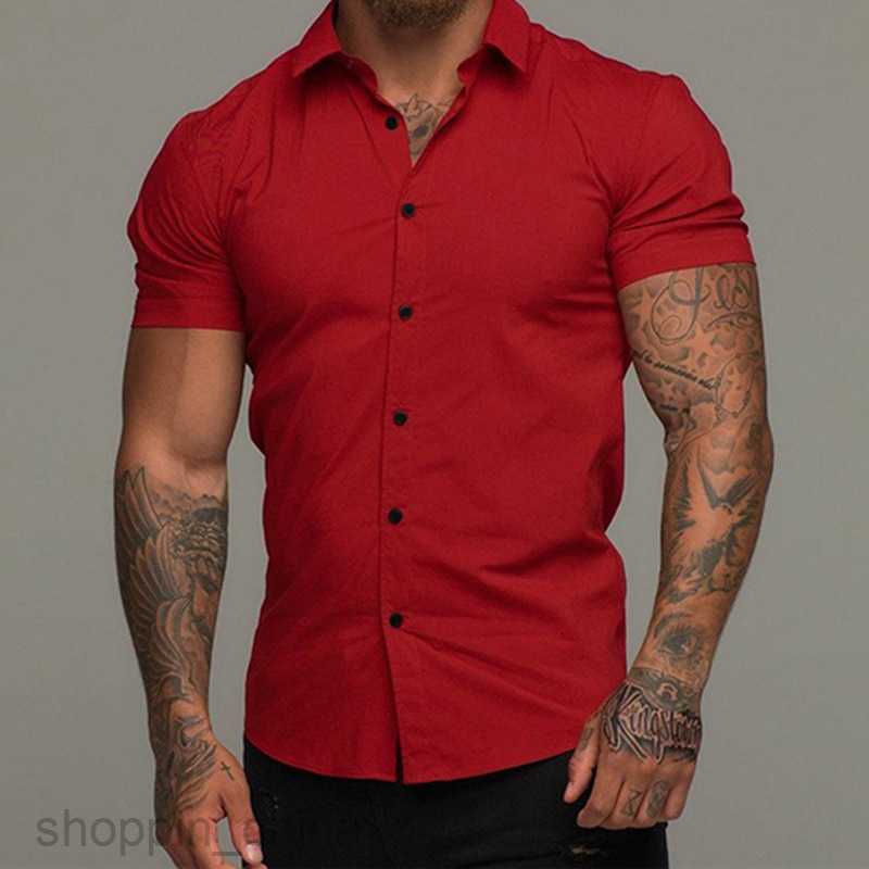 Men's Casual Shirts Muscle men fitness short sleeve Lapel shirt elastic thin pure color sports leisure cardigan business iron shirt fashion tops