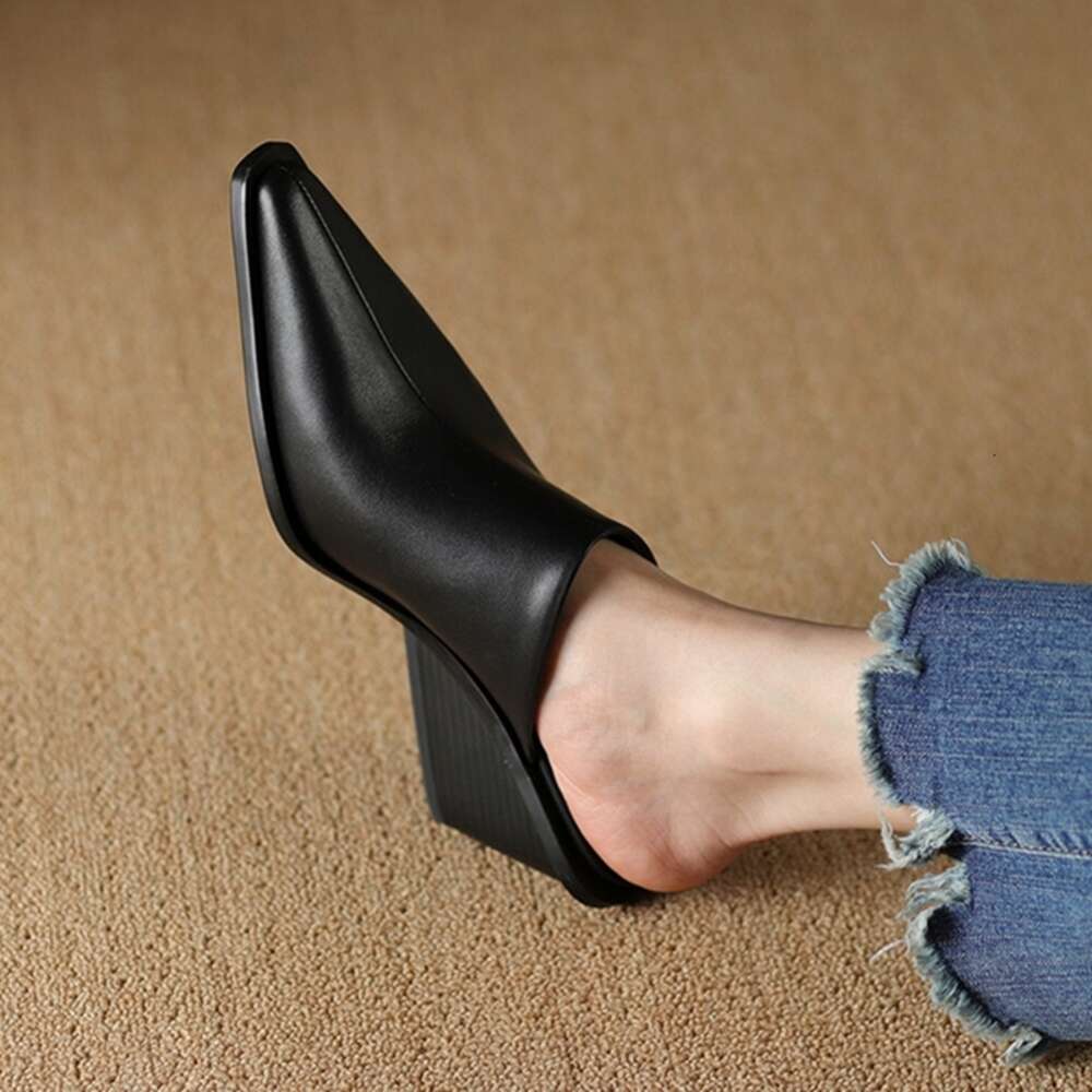 NEW Summer Genuine Leather Shoes For Pointed Chunky Heel Cover Toe Wedge Sandals Black Women Mules 68