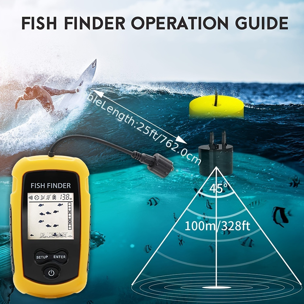 Portable Fish Finder with English Display, Sonar Sounder, Alarm Transducer, Fishfinder, 0.7-100m