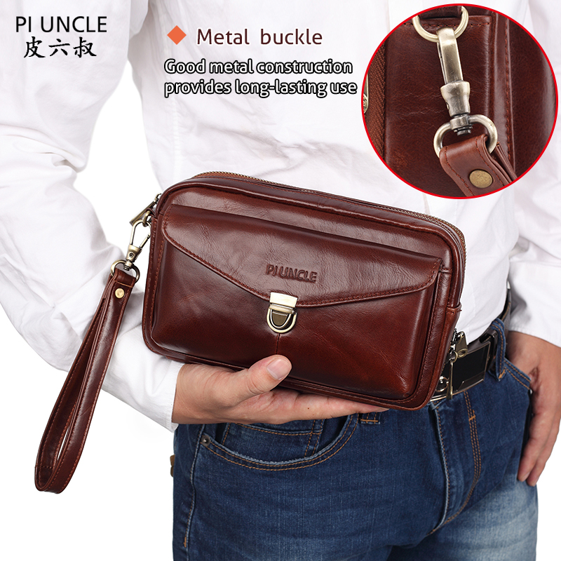 Men Genuine Leather Long Wallet Money Bag Double Zipper Male Wallet Pocket Case Purse 6.5" Cell/Mobile Phone Cigarette Bags