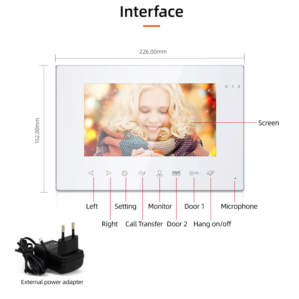 Jeatone AHD/960P 7 Inch Slave Single Monitor for Video Door Phone Intercom System Support Video Record, Day/Night Vision