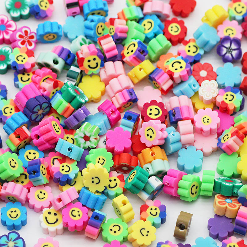 50pcs Mix Color Flower Smile Polymer Clay Bead Spacer Loose Beads For Jewelry Making DIY Bohemian Bracelet Necklace Accessories