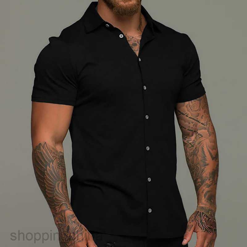 Men's Casual Shirts New Male slim fitting solid color collar casual imitation cotton shirt short sleeved youth men clothing tops