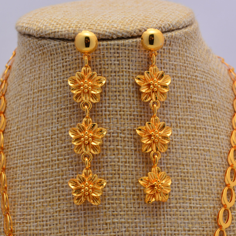 African Dubai Gold Color Jewelry Sets Women Nigerian Crystal Necklace Hoop Earrings Italian Bridal Jewelry Sets Wedding Jewelry