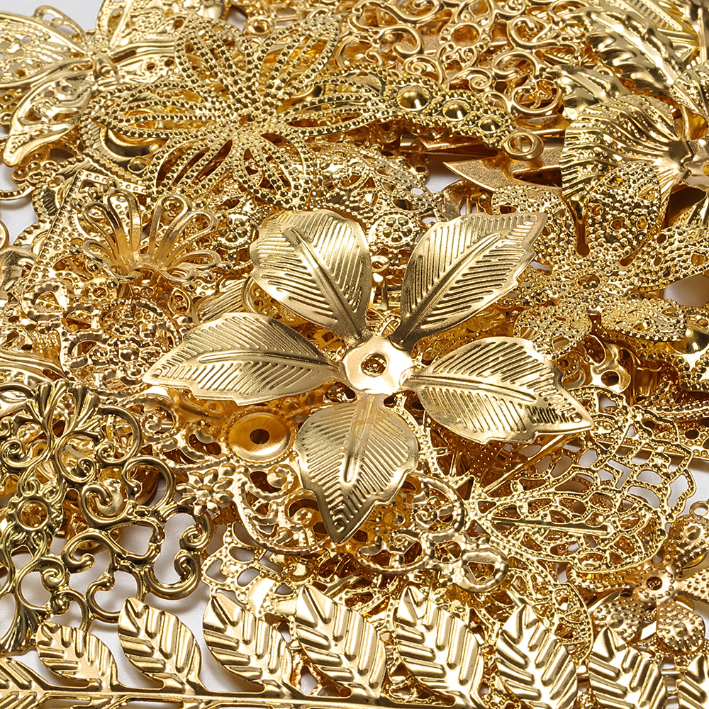 50g/lot Mixed Metal Flower Leaves Filigree Wraps Connectors Pendant Gold Beads Caps Charms for DIY Jewelry Making Craft Supplies