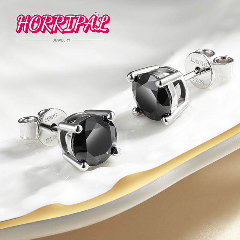 HORRIPAL 0.5-1CT Black Moissanite Earrings S925 Sterling Silver Cool HipHop Studs Earrings for Man Woman Jewelry GRA Wholesale