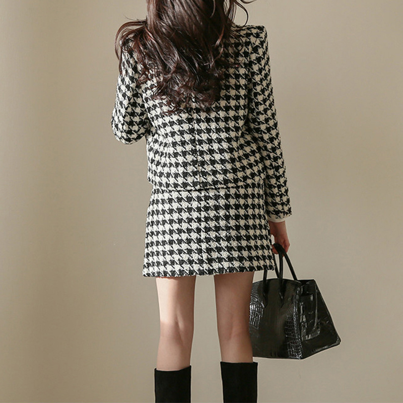 Sungtin Vintage Houndstooth Two Piece Set Women Tweed Mini Skirt Suits Lady Elegant Jacket Plaid Short Skirt Set Korea Chic 2023