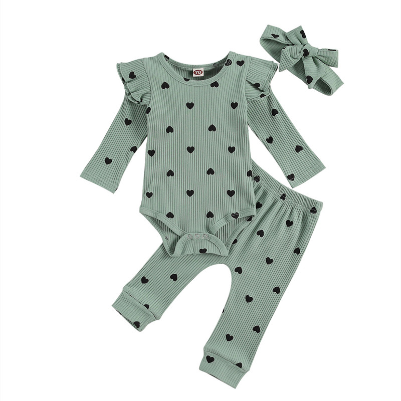 Cute Newborn Baby's Girls Ribbed Clithes Suit Toddler Infant Heart Print Crew Neck Lace Long Sleeve Top+Pants+Hairband Set