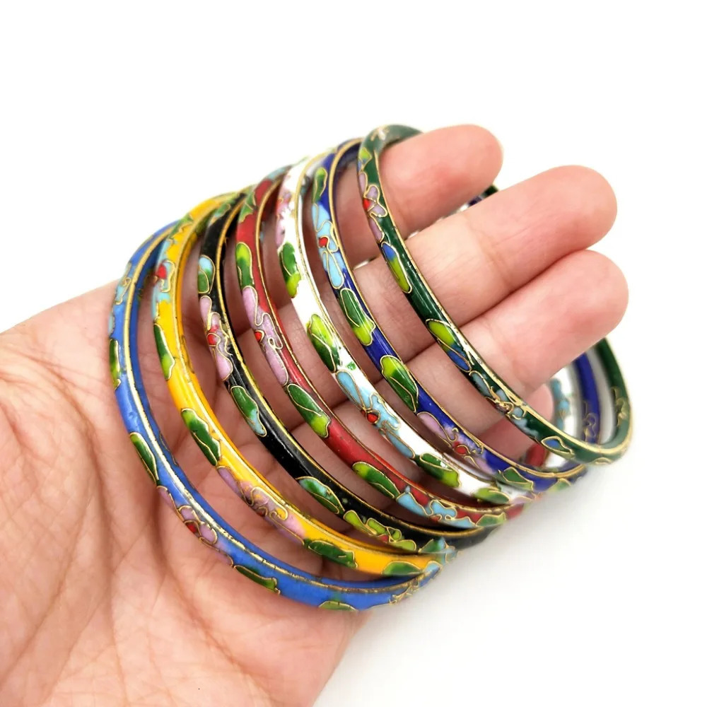 Lii Ji 7PCS/lot Chinese Cloisonne Enamel Cuff Hollow Bracelet Bangle Casual Style Mothers Gift Drop 240624