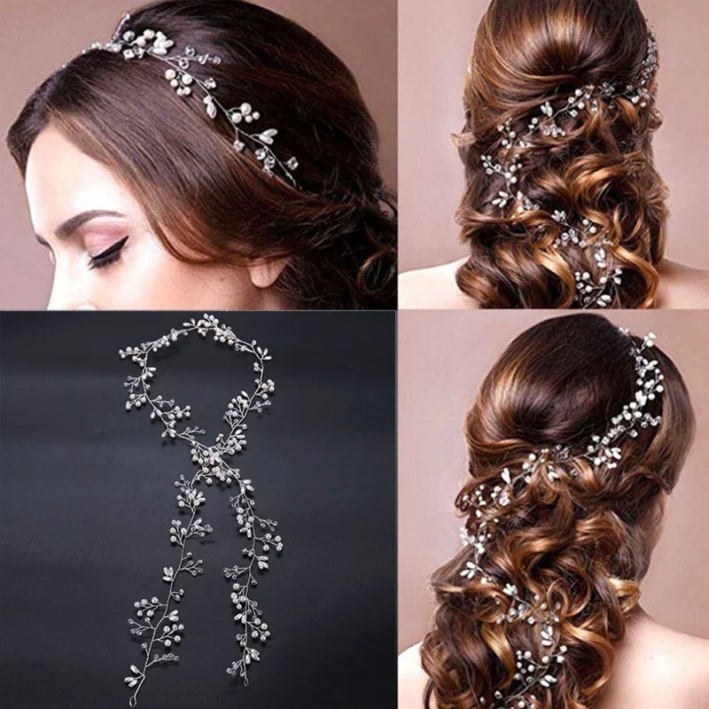 Nice Crystal Bride for Women Bridal Wedding Hair Accessories Pearl Flower Headband Handmade Hairband Beads Hair Comb Decoration