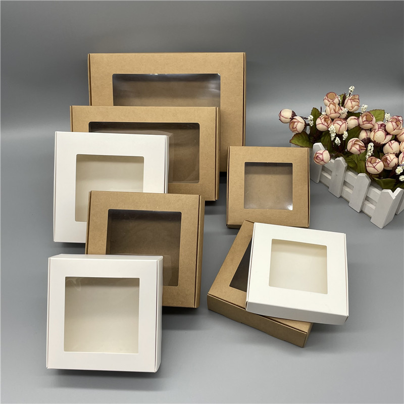 15Pcs Kraft Paper Box Clear PVC Windows Handmade Soap Box White Craft Paper Gift Box Black Packaging Jewelry Boxes