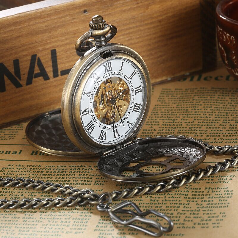 Vintage Steampunk Bronze Mechanical Pocket Watches Men Luxury Flower Carving FOB Chain 2 Sides Case Open Watches Women saat