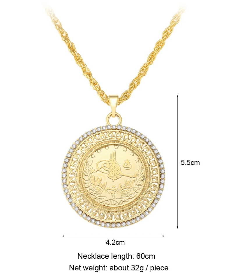 Turkish Totem Coin Pendant for Women, Ethnic Bridal Jewelry, Long Slip Chain, Gold Plated, Arabic, Muslim, Gift