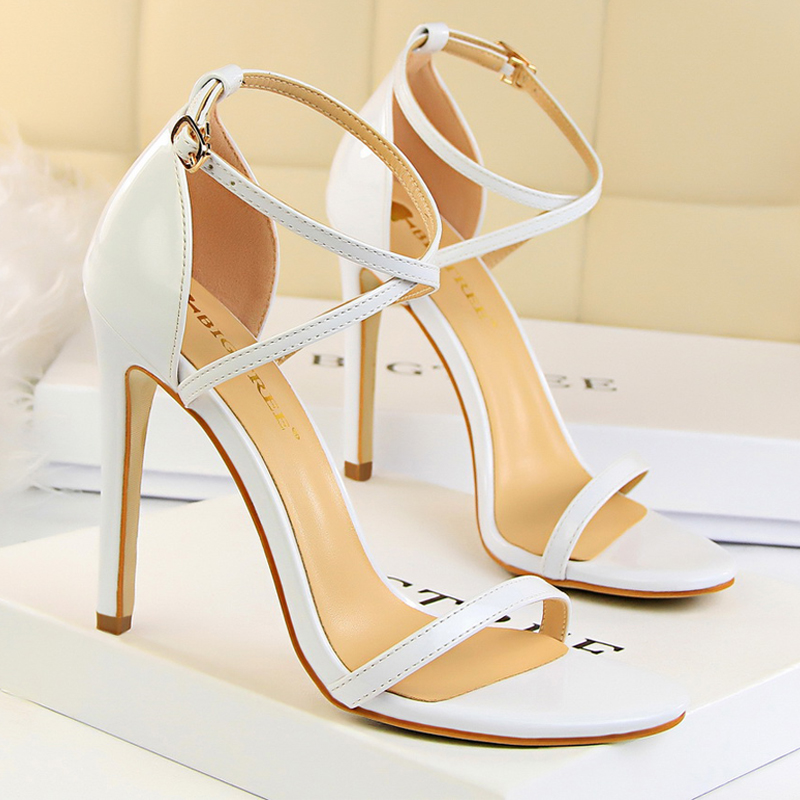 BIGTREE Shoes Pumps Open Toe High Heels Patent Leather Women Heels Stiletto 11 Cm 7.5cm Summer Heels Sandals Women Party Shoes