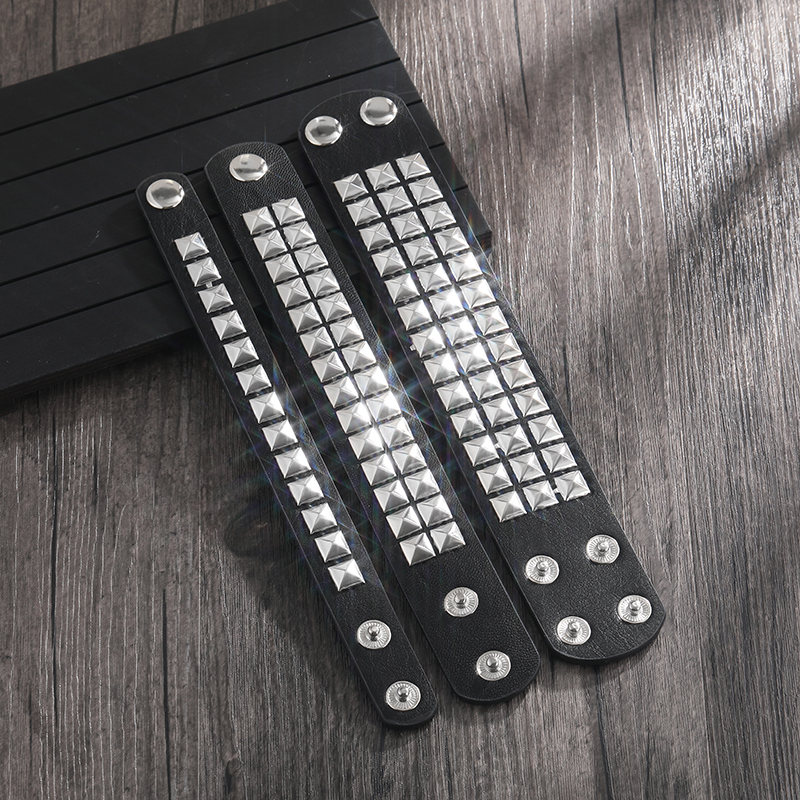 Unique 1/2/3 Row Cuspidal Spikes Rivet Stud Wide Cuff Leather Punk Gothic Rock Unisex Bangle Bracelets for Men Birthday Jewelry