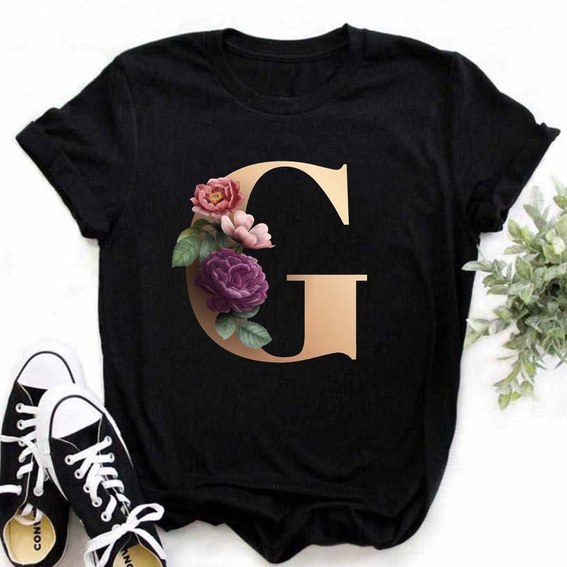A B C D E English Alphabet Print T Shirt Women New Summer Couples Lovers Female T-Shirt Harajuku Casual Black Tops Tshirts