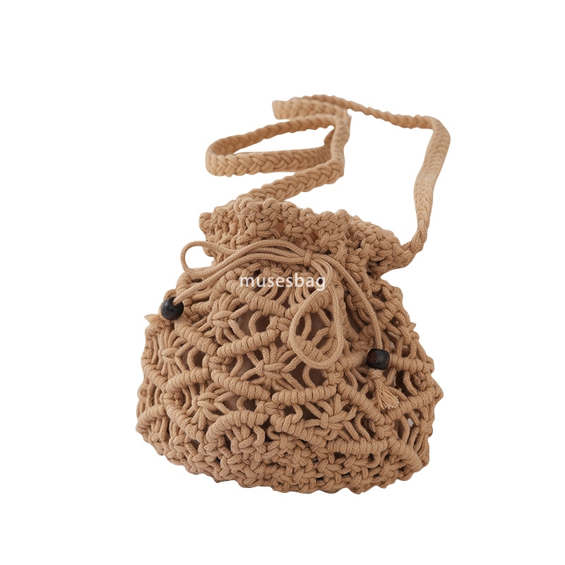 Fashion Women's Designer Handheld Fishing Net Beach Bag Holiday Style Solid Color Cotton Rope Woven Bag Closing Copper Coin Buckle Small Bag One 