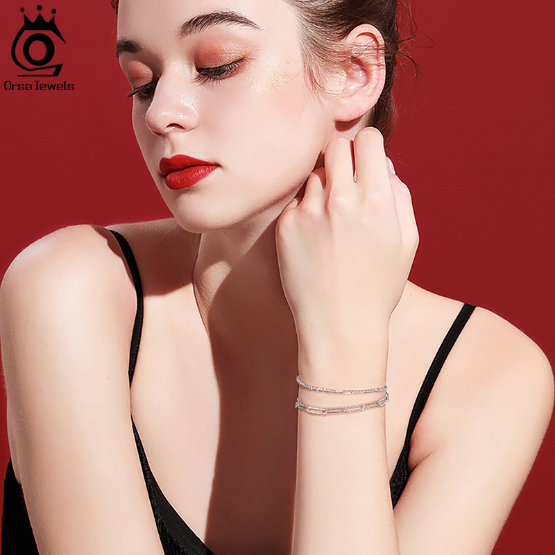 ORSA JEWELS Italian Real 925 Sterling Silver 3.5mm Paperclip Bracelet Handmade Hammered Link Chain for Women Jewelry Gifts SB120