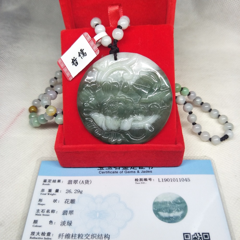 Zhe Ru Jewelry Pure Natural Jadeite Dark Green Bicolor Lotus Pendant Tricolor Jade Bead Necklace A Class A National Certificate