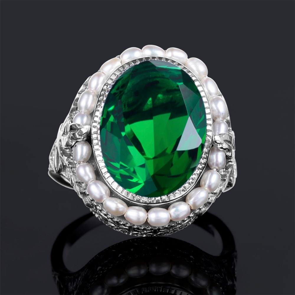 Szjinao Ring silver Ring 925 Plain Natural Pearl Gemstone Rings For Women Emerald Green Stone Lace Vintage Engagement Sieraden