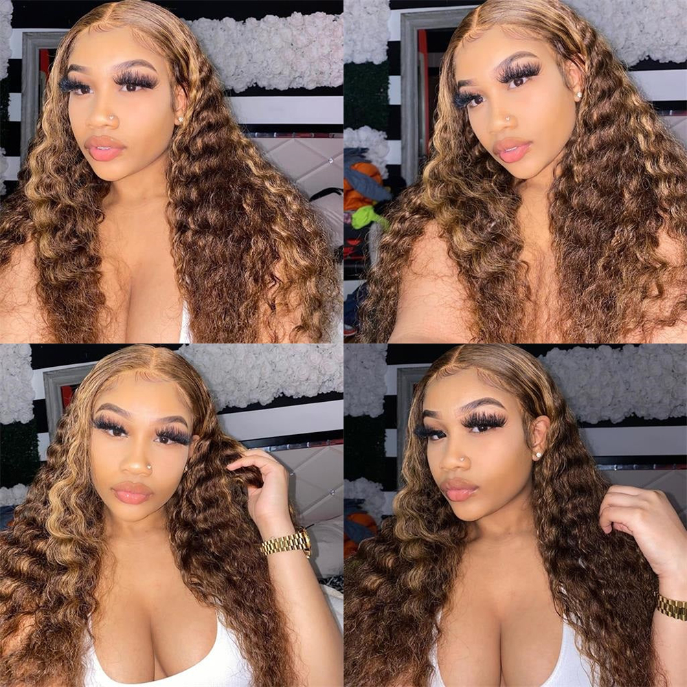 Brown And Blonde Deep Wave Human Hair Lace Frontal Wigs For Women Highlight Color 4x4 Closure Wig Indian Remy Hair Pre-Plucked