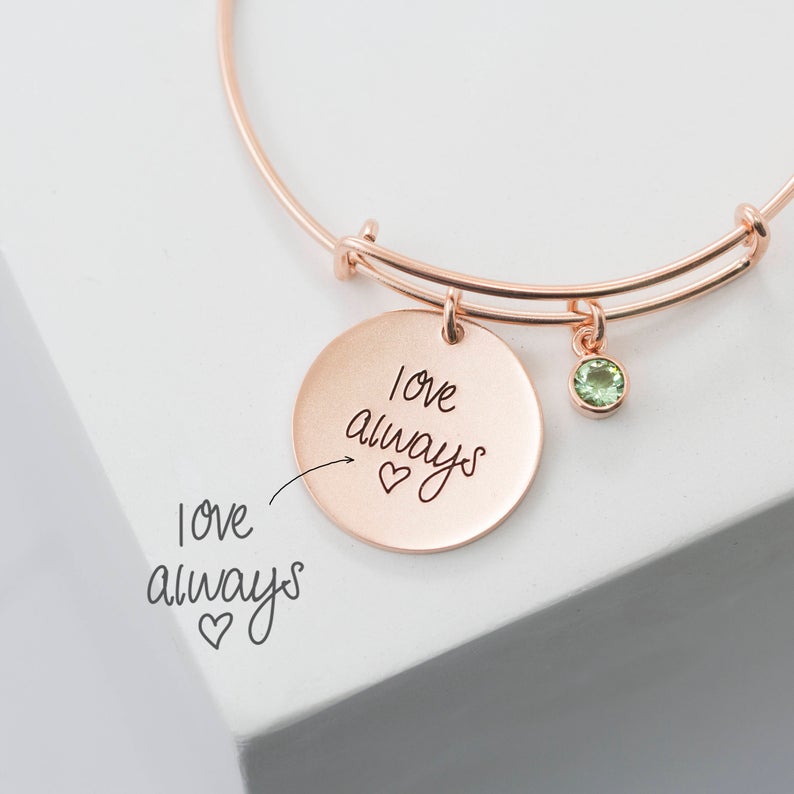 Mini-World Classic Round Pendant Custom Carved Handwritten Signature Birthstone Bracelet Adjustable Bangle Gift For Women