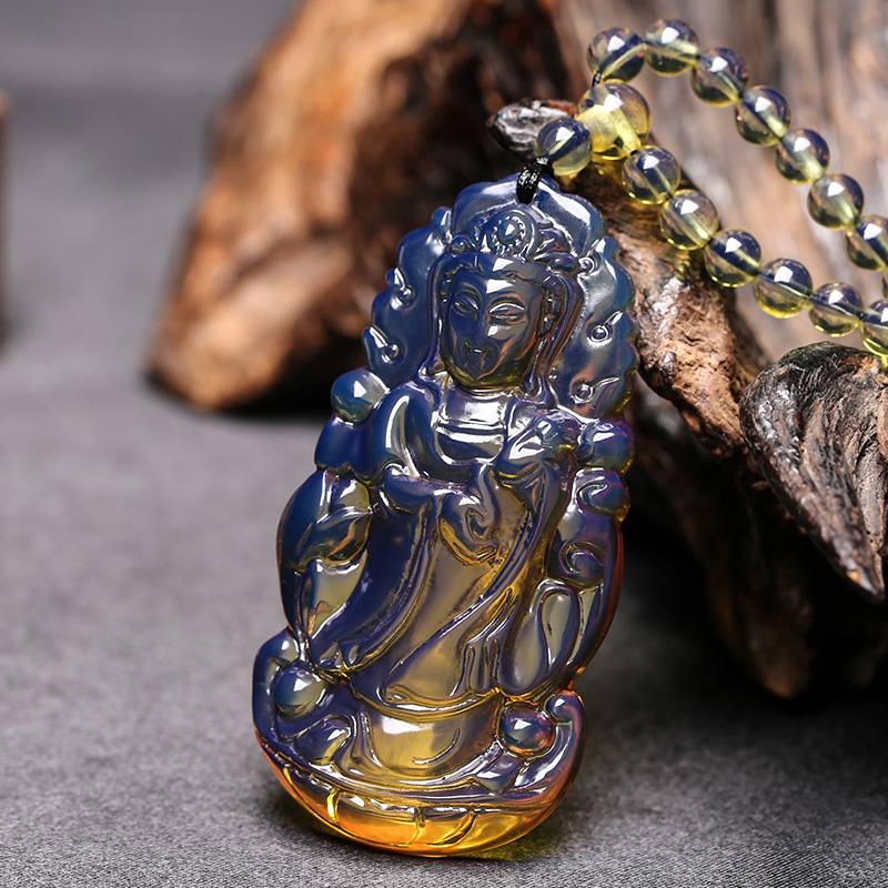 Buddha Necklace Natural Domi Blue Potter Pendant Sweater Chain Raw Mineral Honey Wax Amber Men's Guanyin Necklace Pendant