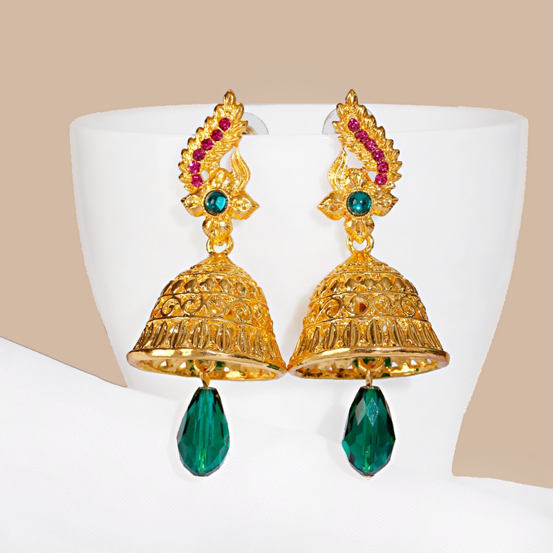 Retro Big Gold Color Bells Alloy Indian Jhumka Earrings Women's Vintage Peacock Pearls Beads Turkey Earrings Bijoux