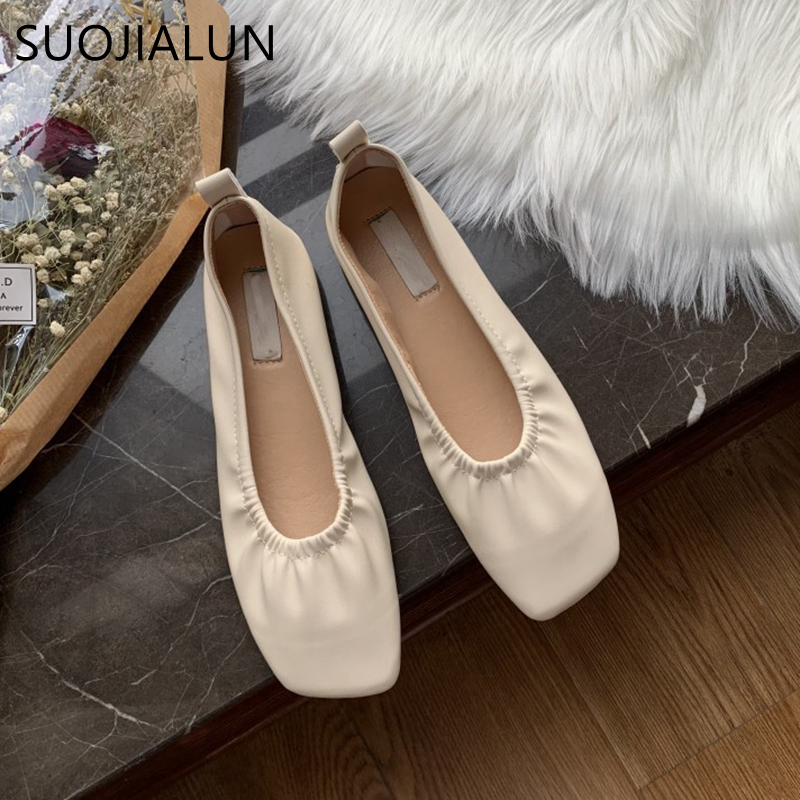 SUOJIALUN Autumn Women Flats Shoes Ballet Flat Slip On Casual Loafers High Quality Soft Women Square Toe Ballerina