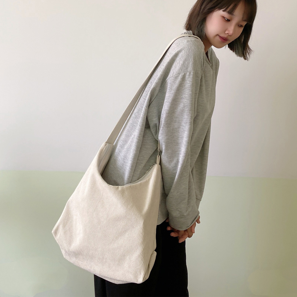 Women Striped Corduroy Bags Simple Canvas Zipper Crossbody & Shoulder Bag Eco Cloth Purse Solid Books Handbags For College Girls