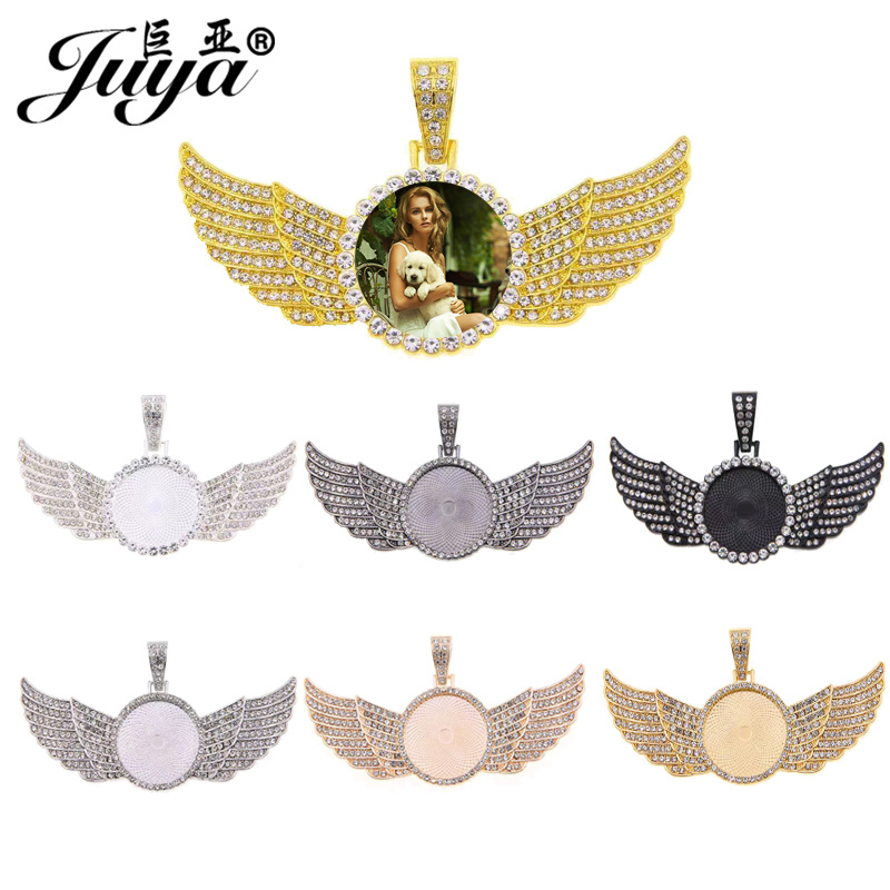 20PCS Circle Angel Wings Pendant Base 30mm Blank Tray Diamond Rhinestone Bezel Charm For DIY Jewelry Making Necklace Accessories