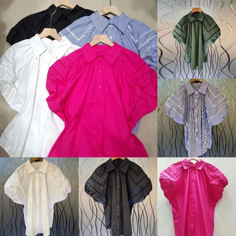 tops t shirt women tops women clothes Lapel Neck Spandex Striped Casual womens tops shirts women European women's breasted hollow bubble short sl