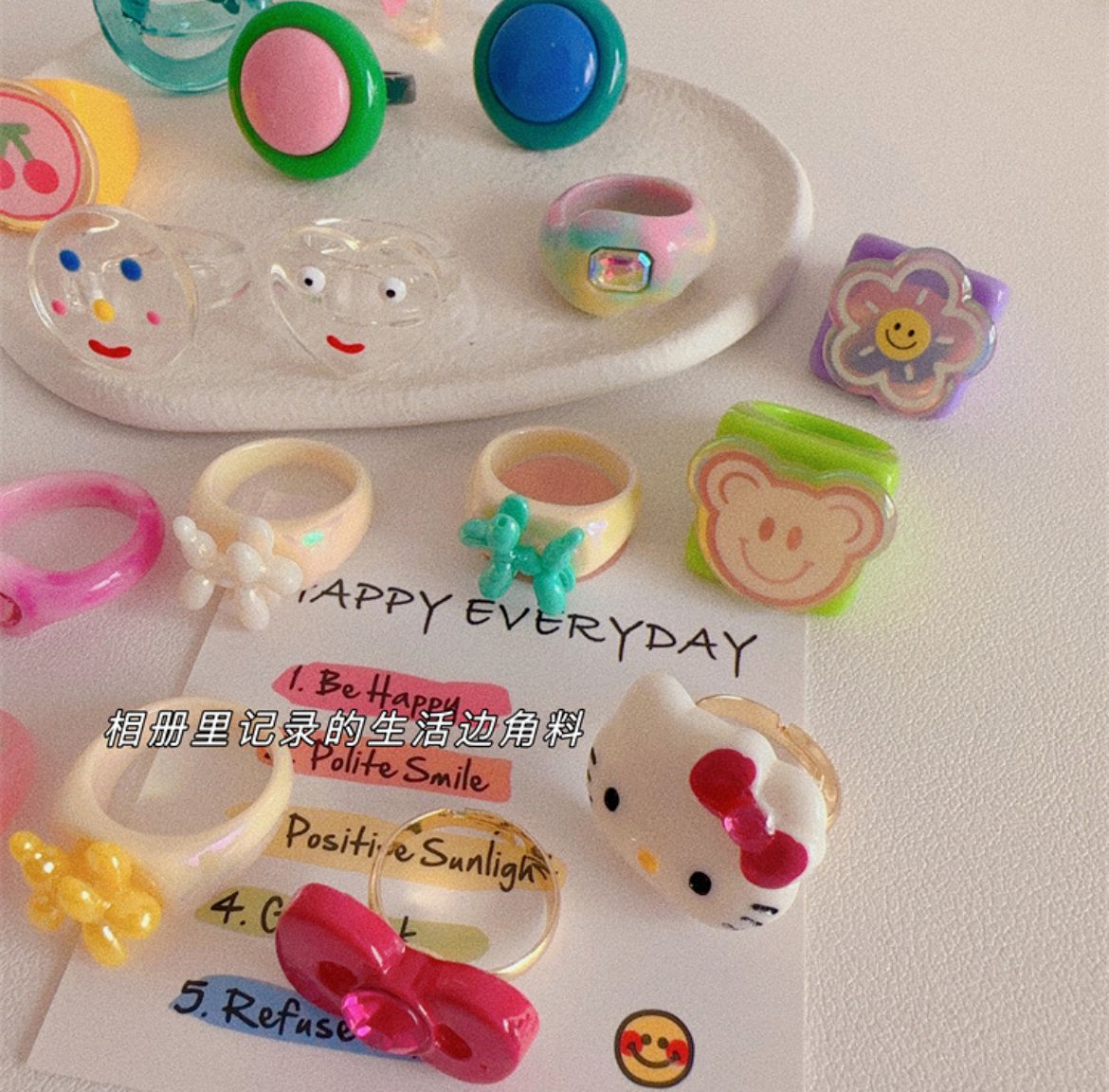 Korean Color Acrylic Niche Personality Simple Cute Sweet Cat Dog Ring Does Not Fade Index Jewelry Set Girl Kid Student Gift