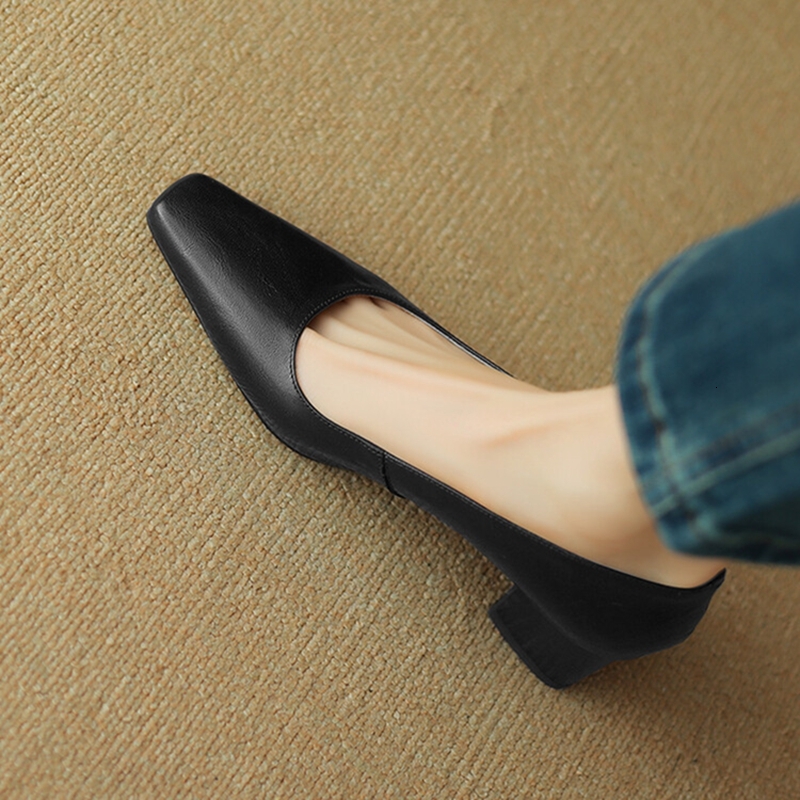 NEW Spring/Autumn Pumps Genuine Leather For Square Toe Chunky Heel Women Elegant Mid-Heel Office Shoes
