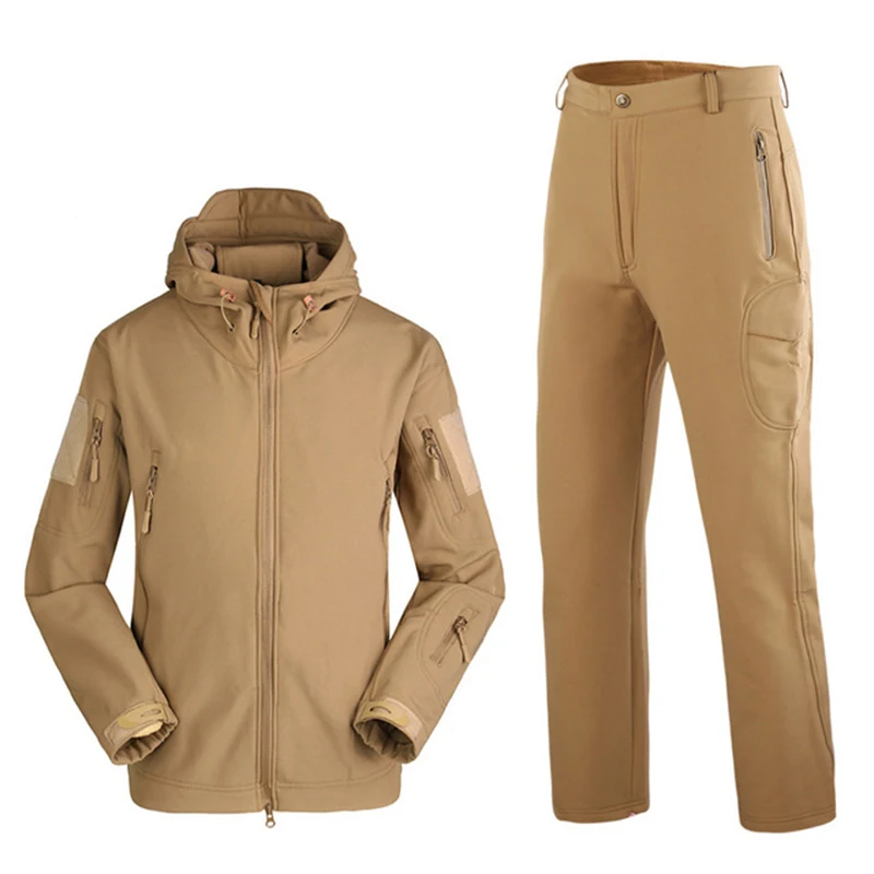 TAD Men Hiking Fishing Explore Clothes Suit Camouflage Shark Skin Waterproof Hooded Jacket+Pants
