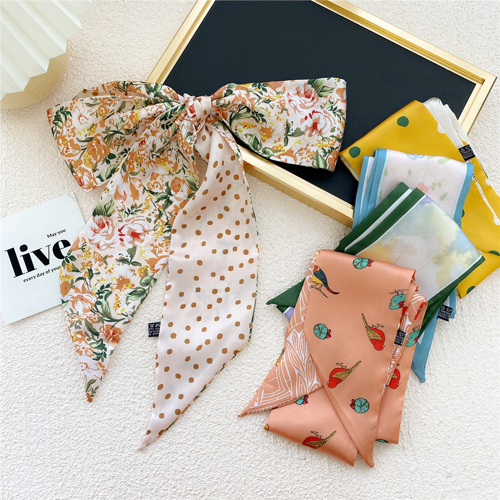 Female Spain Silk Neck Scarf Luxury Flower Print Hair Tie Scarves Foulard Head Band Shawls Wraps Neckerchief Bandanas Bag Bands