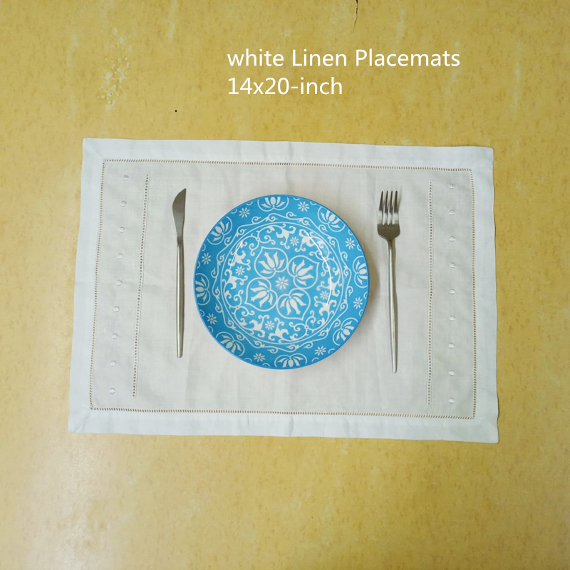 Set of 12 White Linen hemstitched Table Cloths Placemats Embroidered Dots Dinner Napkins For Special Occasions