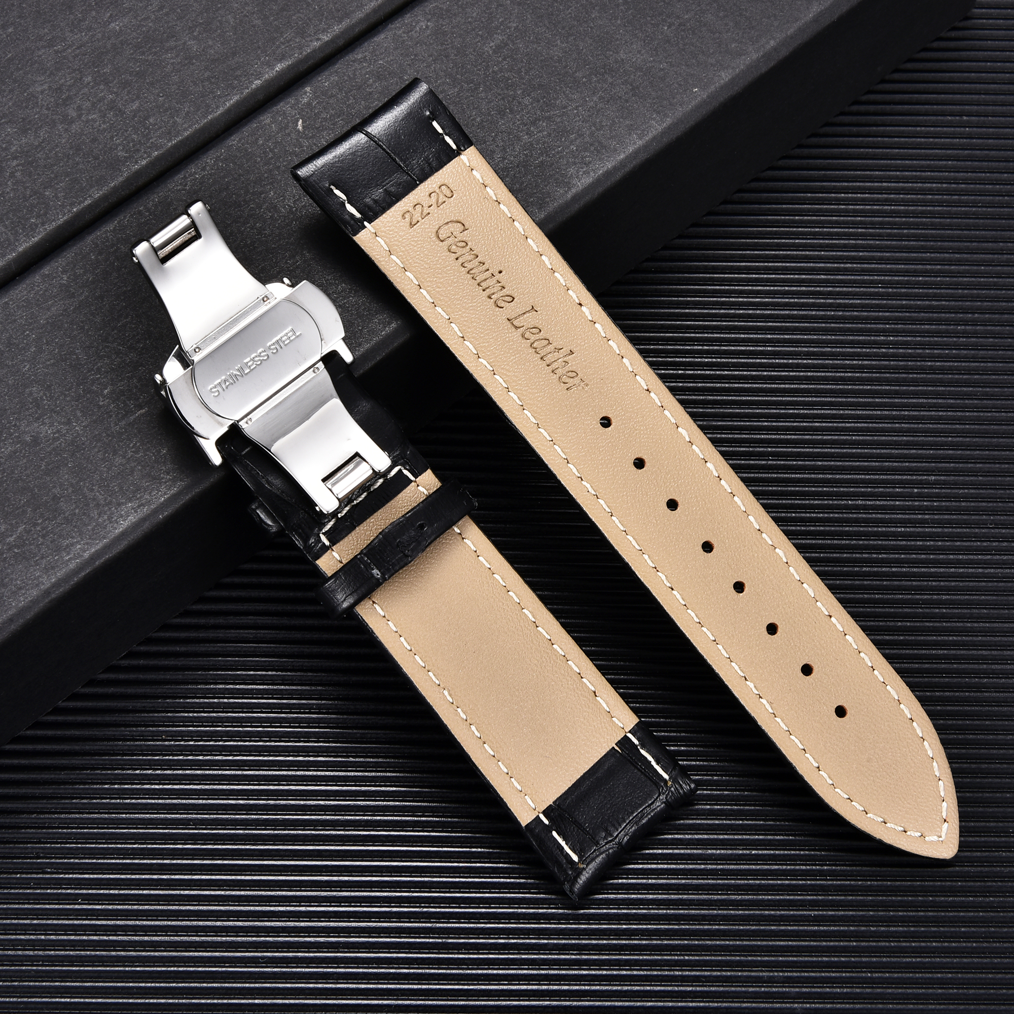 Bamboo Pattern Leather Watch Band Strap with Automatic Butterfly Deployment Clasp 20mm Straps Watch Accessories