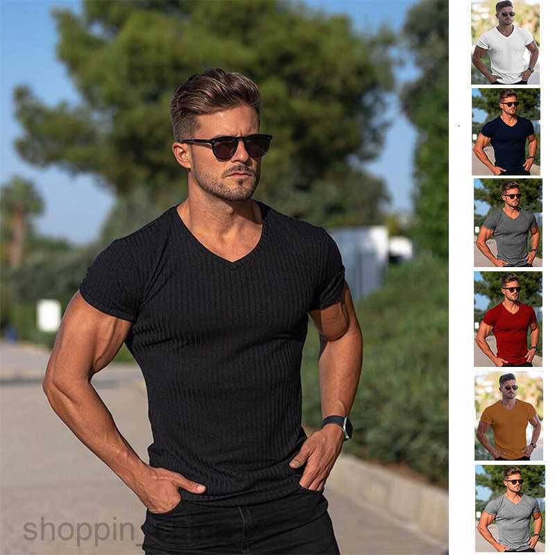 Men's T Shirts Summer Sports Fitness Leisure Solid V Neckline Short Sleeve Men tees tops
