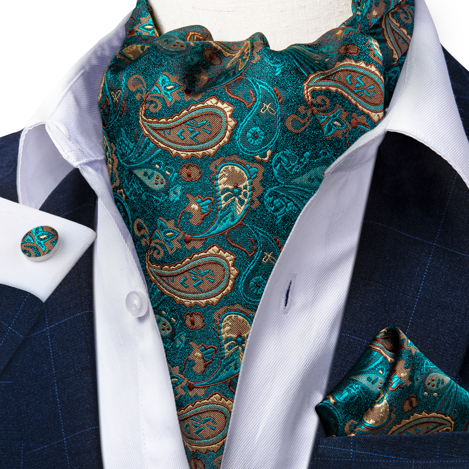 Luxury Men's Ascot Teal Green Paislet Floral Silk Necktie Cravat Pocket Square Cufflinks Set Wedding Party Vintage Ascot DiBanGu