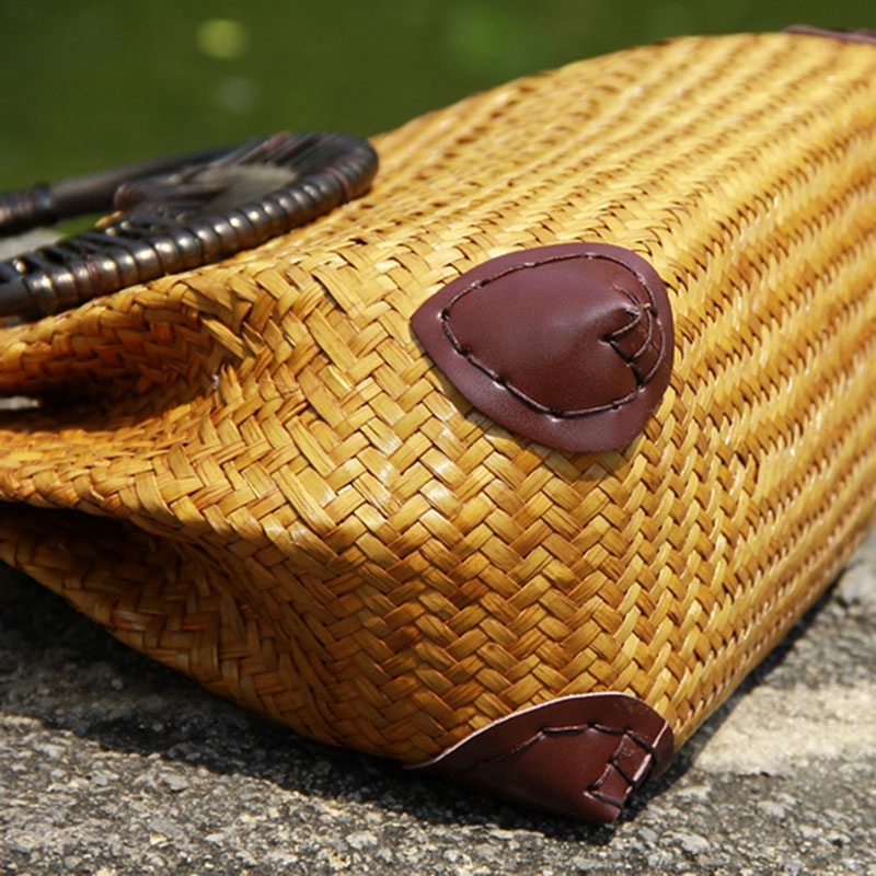 Women Straw Bags Female Bamboo Summer Beach Weave Handbag Lady Handmade Vintage Wood Handle Bag Travel Knitted Totes Bags