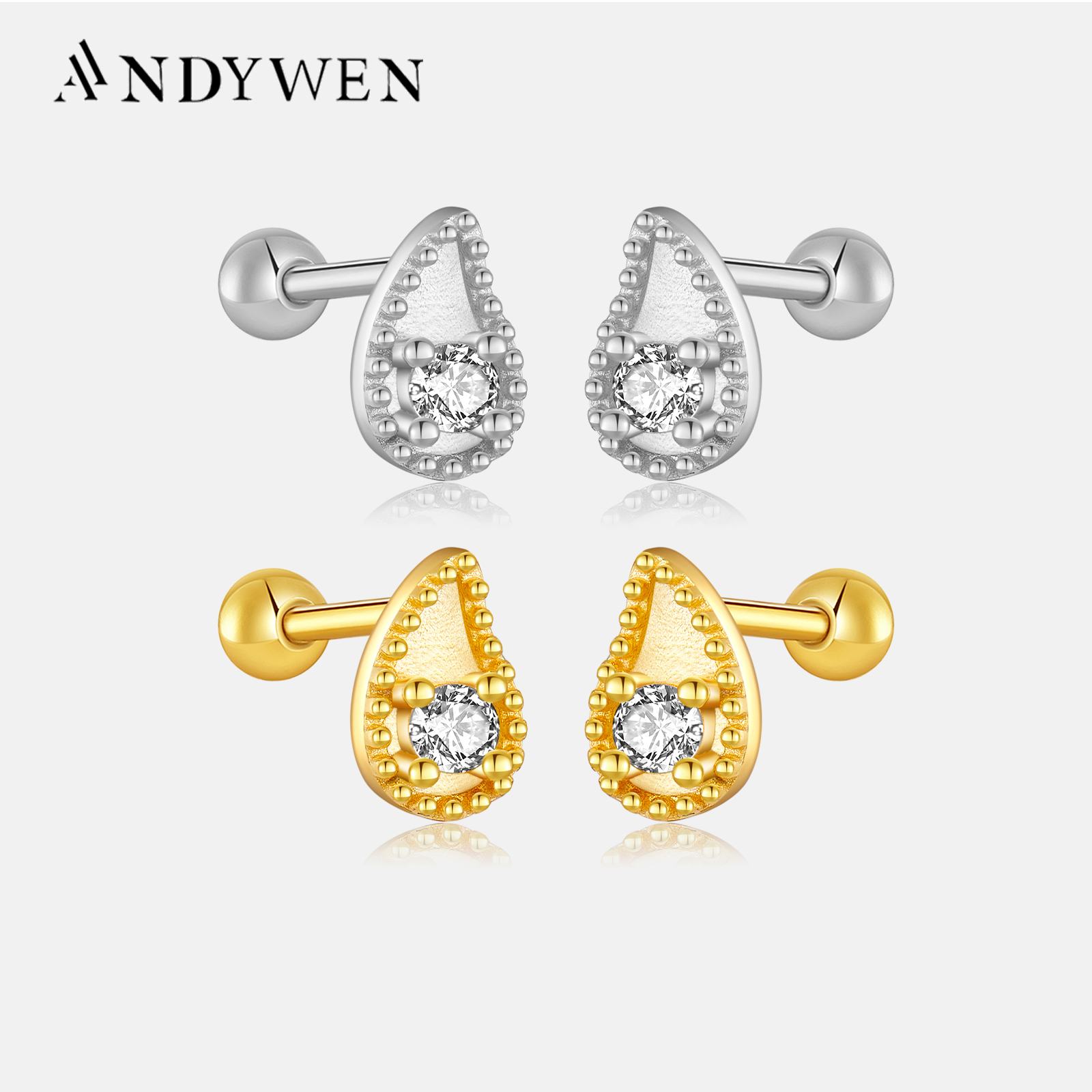 ANDYWEN 925 Sterling Silver Gold Water Droplets Stud Earring Mini Piercing Rock Punk Jewelry Clips Accessories Wedding Gift