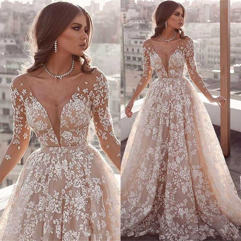 Gorgeous 3D Appliques Lace Long Sleeve Wedding Dresses 2020 A Line Arabic Sheer Deep V Neck Bridal Wedding Gowns Vestidos
