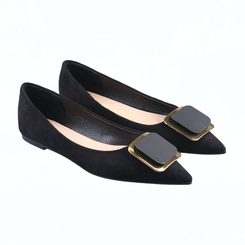 Pointed Toe Shoes Women 2021 Autumn Fall New Square Buckle All-match Shallow Mouth Soft Bottom Black Flat Shoes Scoop Shoes 46