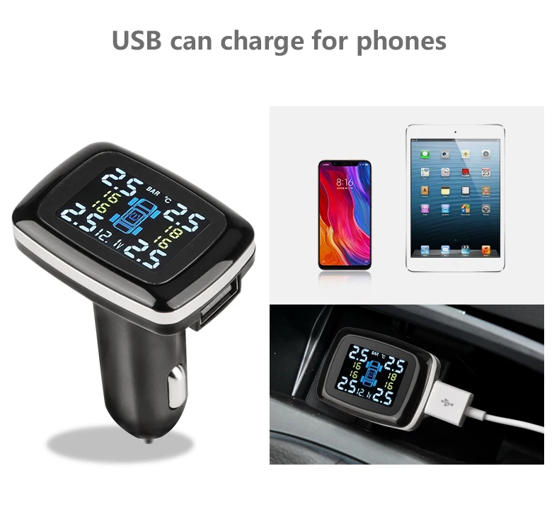 Develuck Car TPMS Cigarette Lighter Digital Tire Pressure Monitoring System USB Port Security Alarm & IP68 Waterproof Sensors